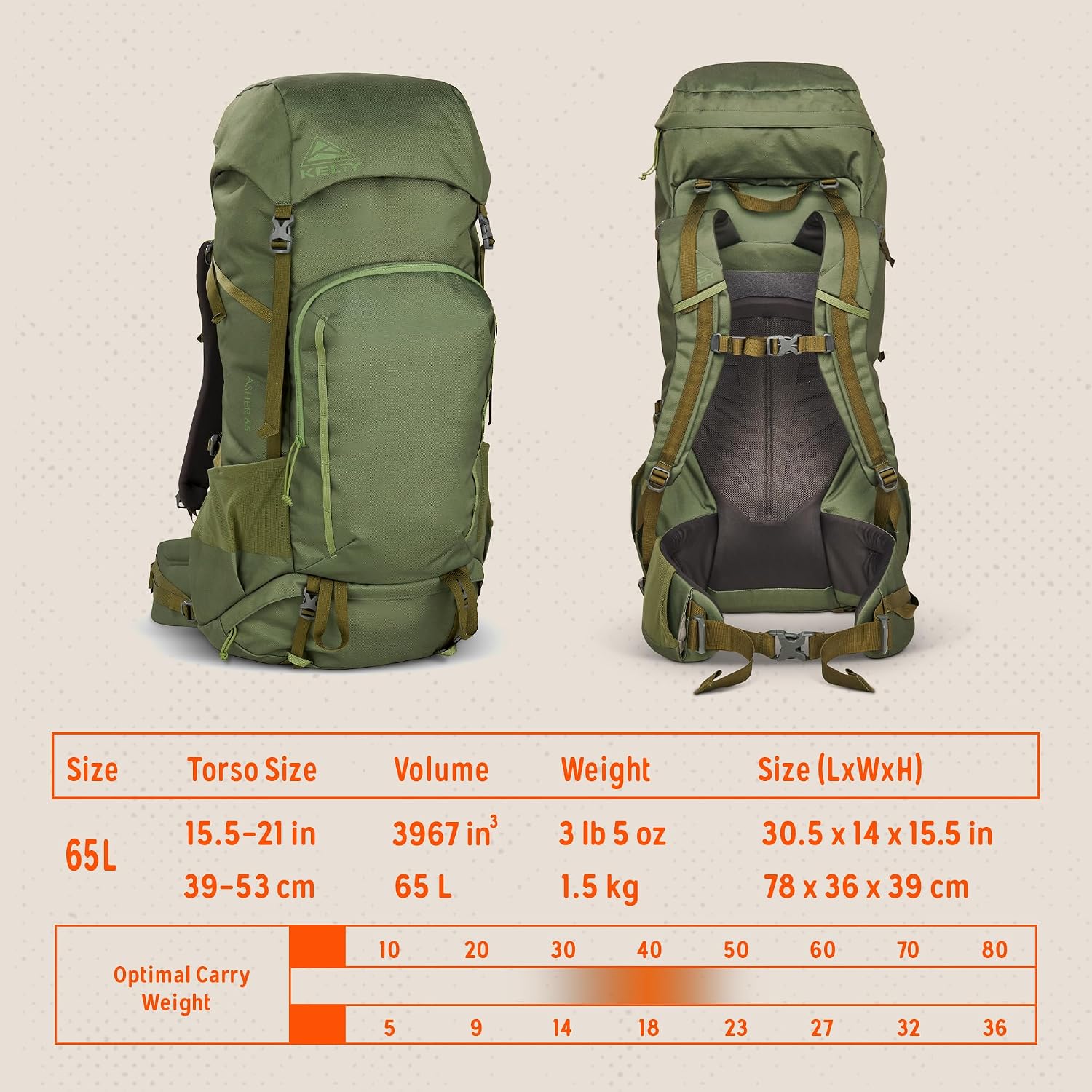 Kelty Asher Backpack, Daypack to Multi-Day Backpacking Capacity, Hiking, Lightweight Travel Pack, Internal Frame (65L