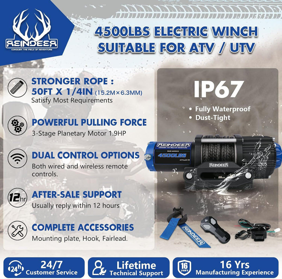 Electric Winch Kit 4500lbs with Synthetic Rope, IP67 Waterproof 12V with Wireless Remote & Wired Remote Control