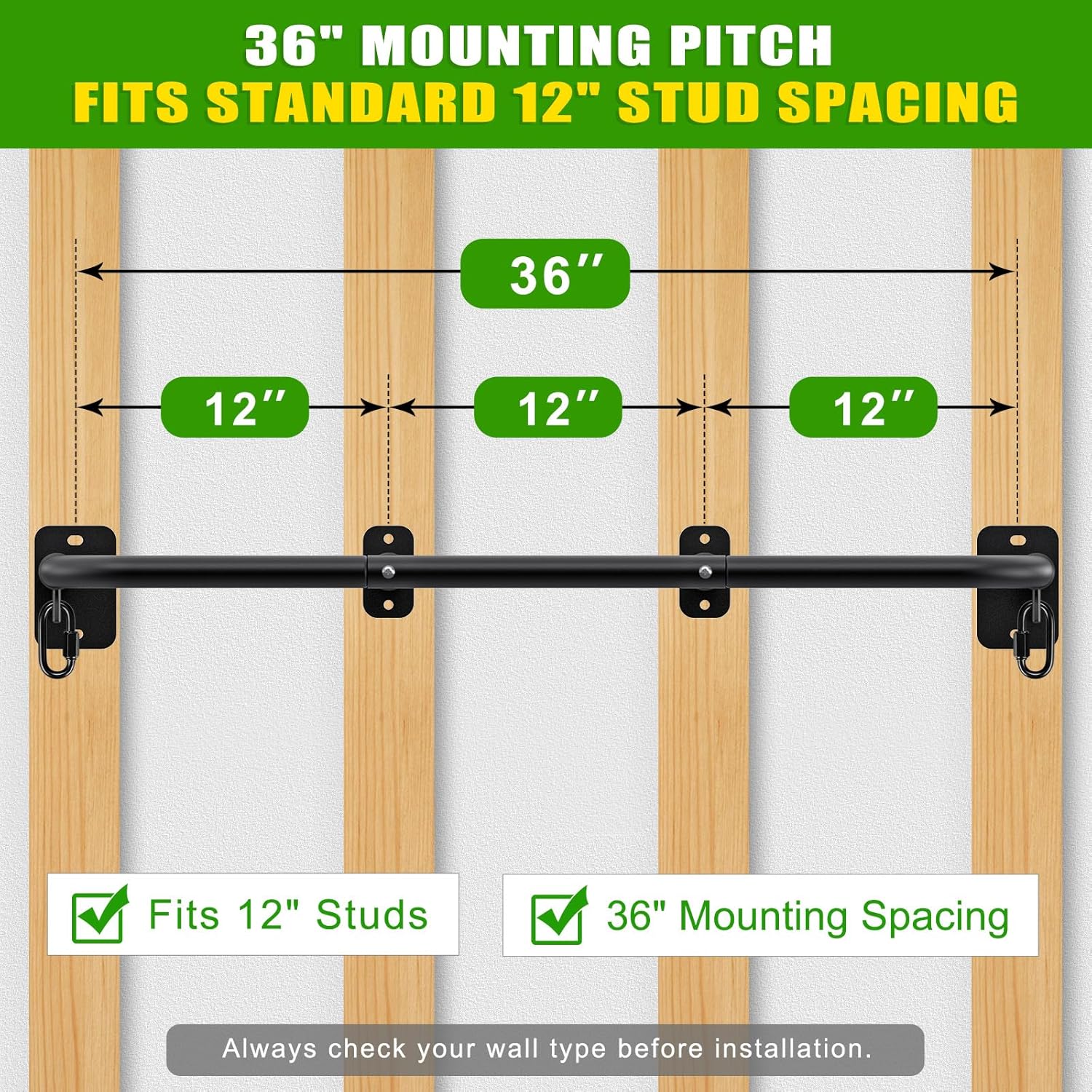 32"/36" Wall Mount Pull Up Bar Joist Mount Chin Up Bar for Doorway | Heavy Duty Steel Construction Support 450 lb