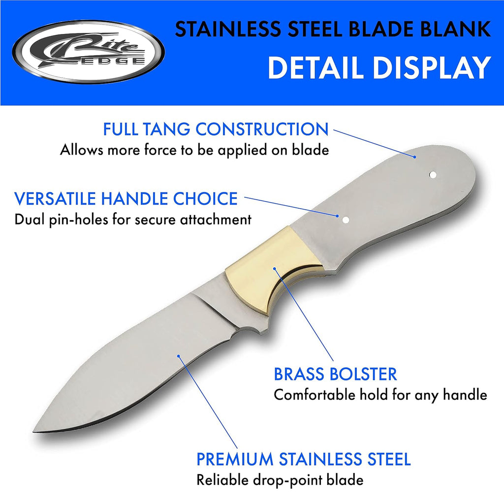Supplies 7.75" Full Tang Stainless Steel Drop Point Knife Blade Blank with Brass Bolster, DIY Knife Making
