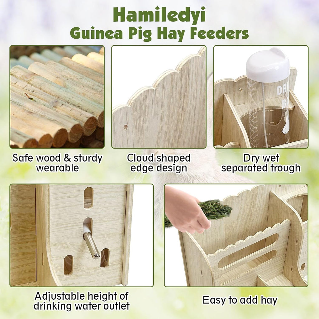 Rabbit Hay Feeder Guinea Pig Food Holder Bunny Wooden Food Bin Feeder with Water Bottle Small Animals Hay Manger Wood