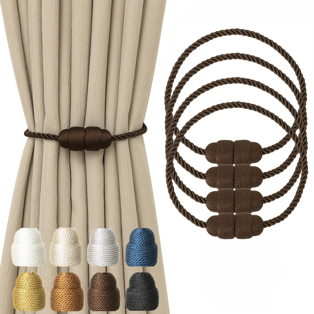Magnetic Curtain Tiebacks Rope Tie Backs 4 Pack Decorative Window Holdbacks, Coffee