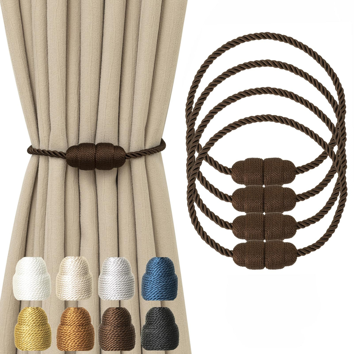 Magnetic Curtain Tiebacks Rope Tie Backs 4 Pack Decorative Window Holdbacks, Coffee
