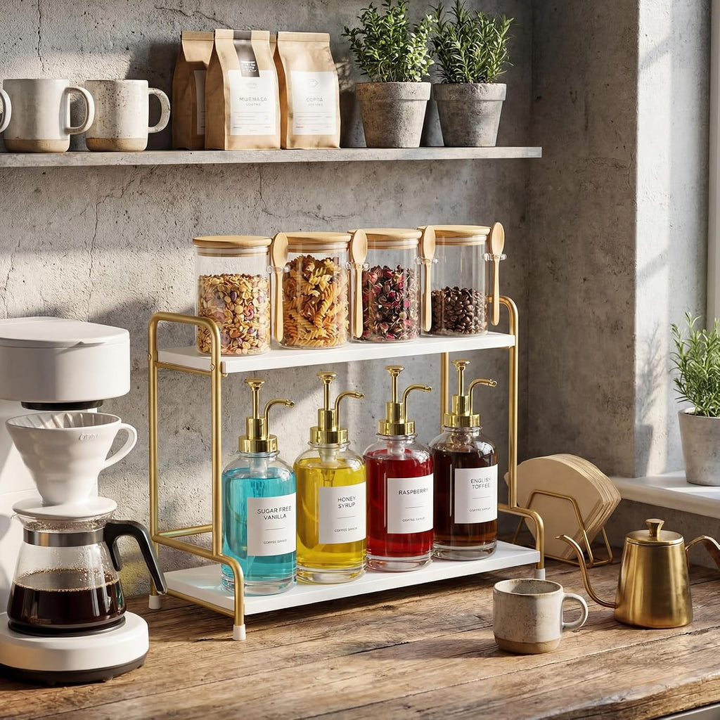 8 Pcs Syrup Dispenser and Glass Jar, Gold Pump Bamboo Lid
