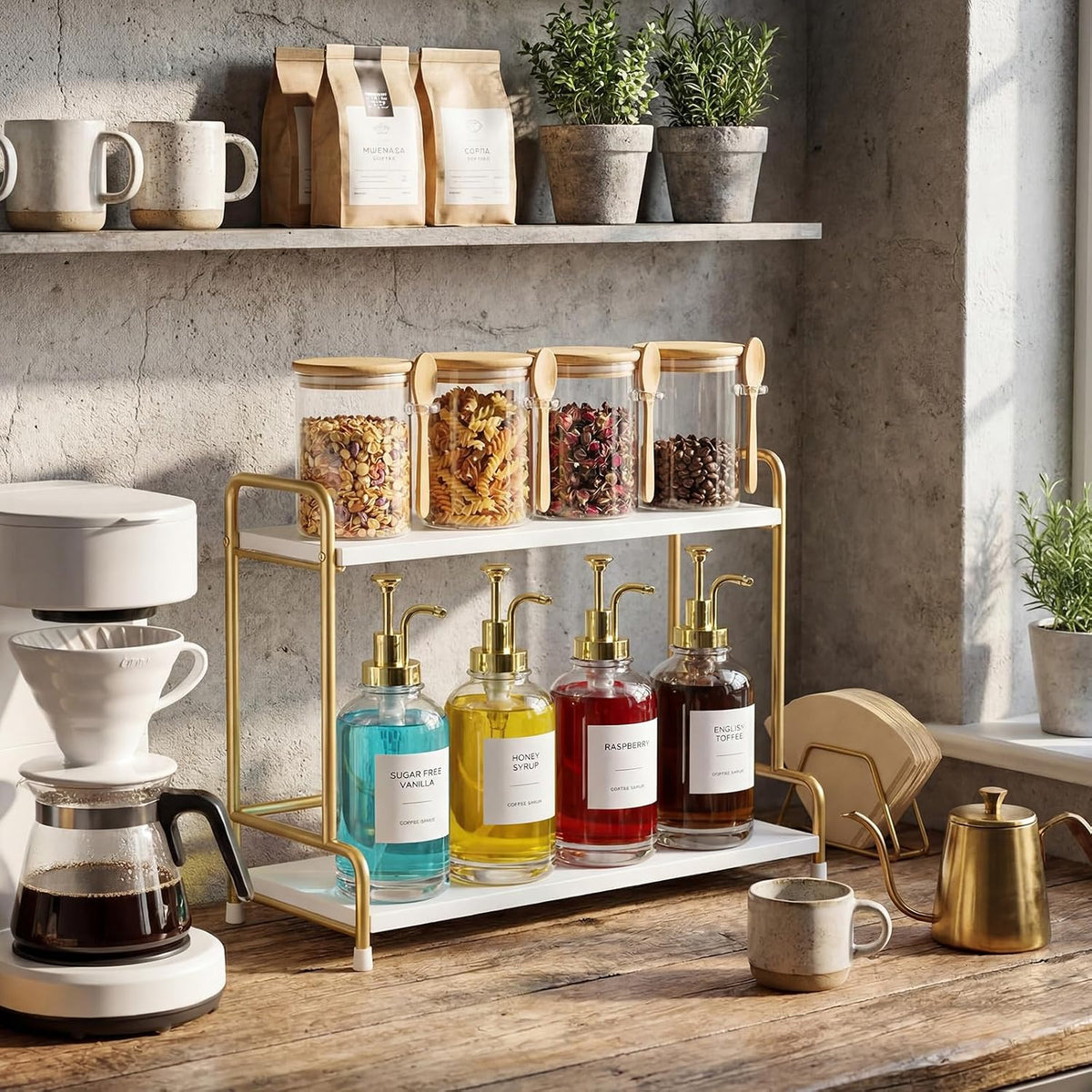 8 Pcs Syrup Dispenser and Glass Jar, Gold Pump Bamboo Lid
