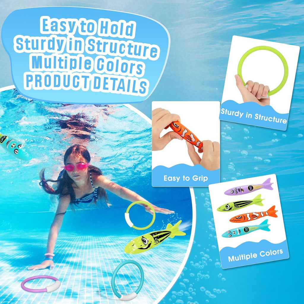 Diving Toys Games, 8 Pcs Swimming Pool Toys for Kids Ages 4-8 | Underwater Training Diving Rings and Pool Torpedo