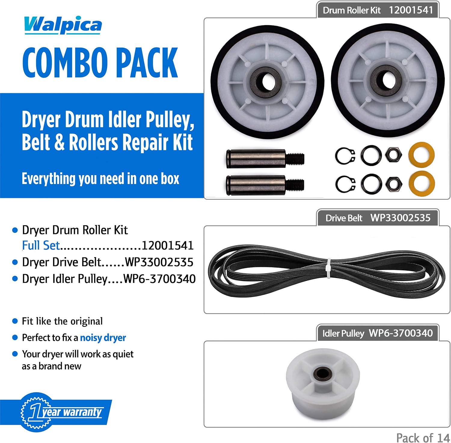 303373, Dryer Drum Support Roller Belt Idler Pulley Repair Kit for Maytag Dryer Parts Neptune Atlantis 3000 Series