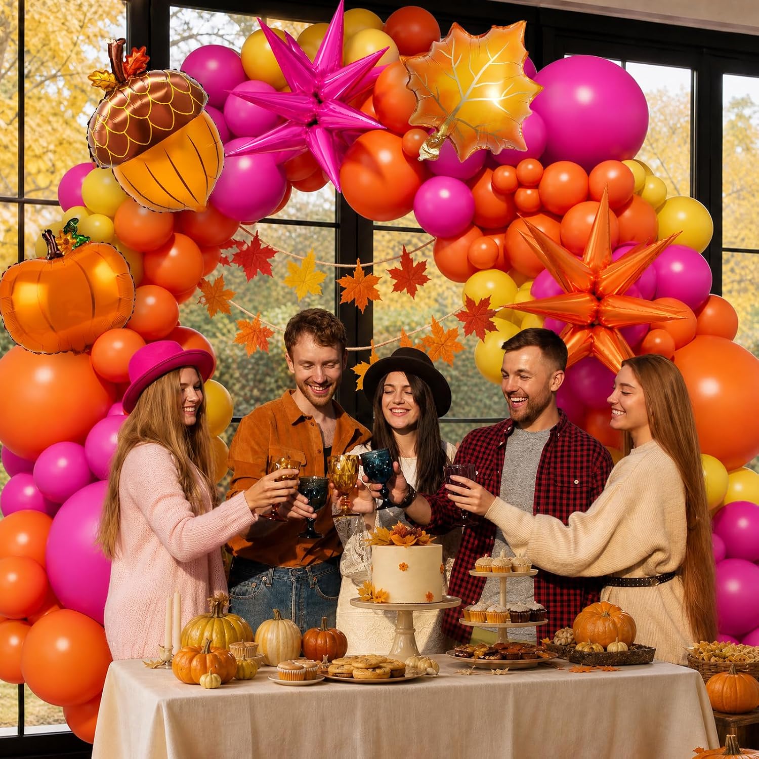 Fall Balloon Arch Kit – Thanksgiving Balloon Arch Kit | Hot Pink Orange Yellow Balloons Maple Leaf Star Foil Balloons