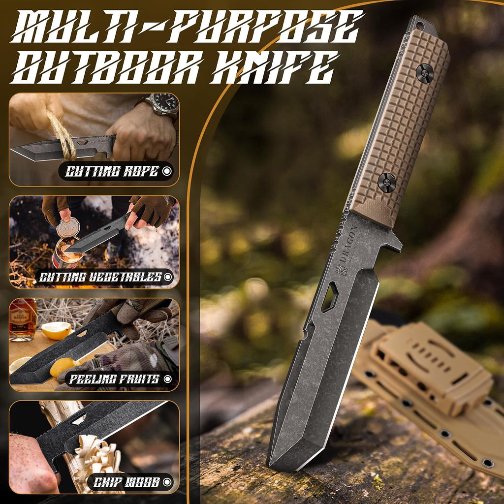 Tactical Knife Kydex - D2 Steel Outdoor Knife with Sheath | Brown G10 Full Tang Handle for Outdoor Survival Camping