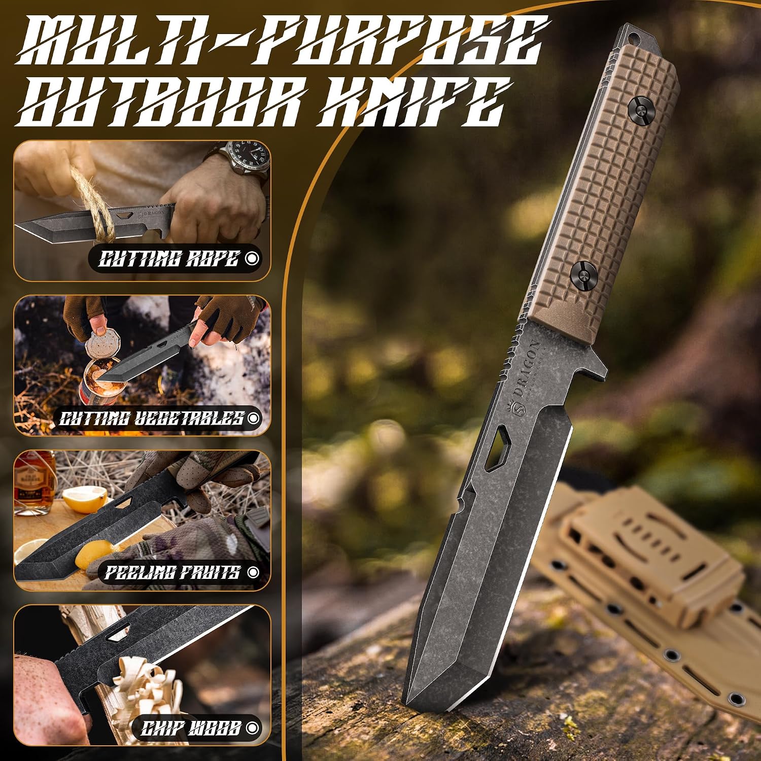Tactical Knife Kydex - D2 Steel Outdoor Knife with Sheath | Brown G10 Full Tang Handle for Outdoor Survival Camping