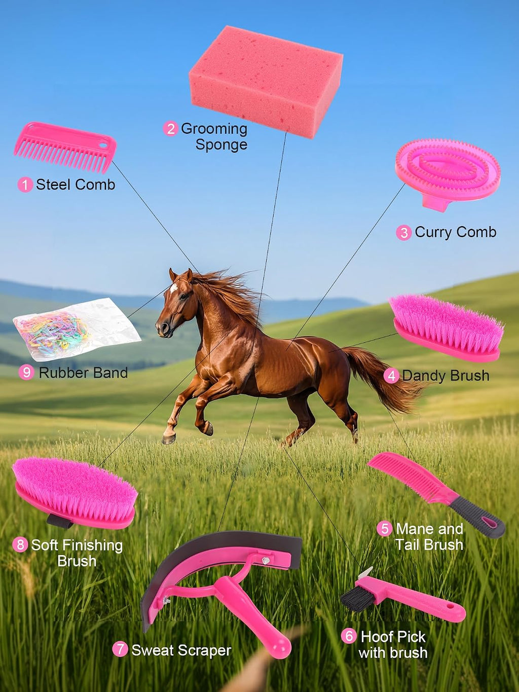 Horse Grooming Kit, Pink Storage Bag with 10 Piece Professional Equestrian Care Tools, Brushes, Combs, Scraper and