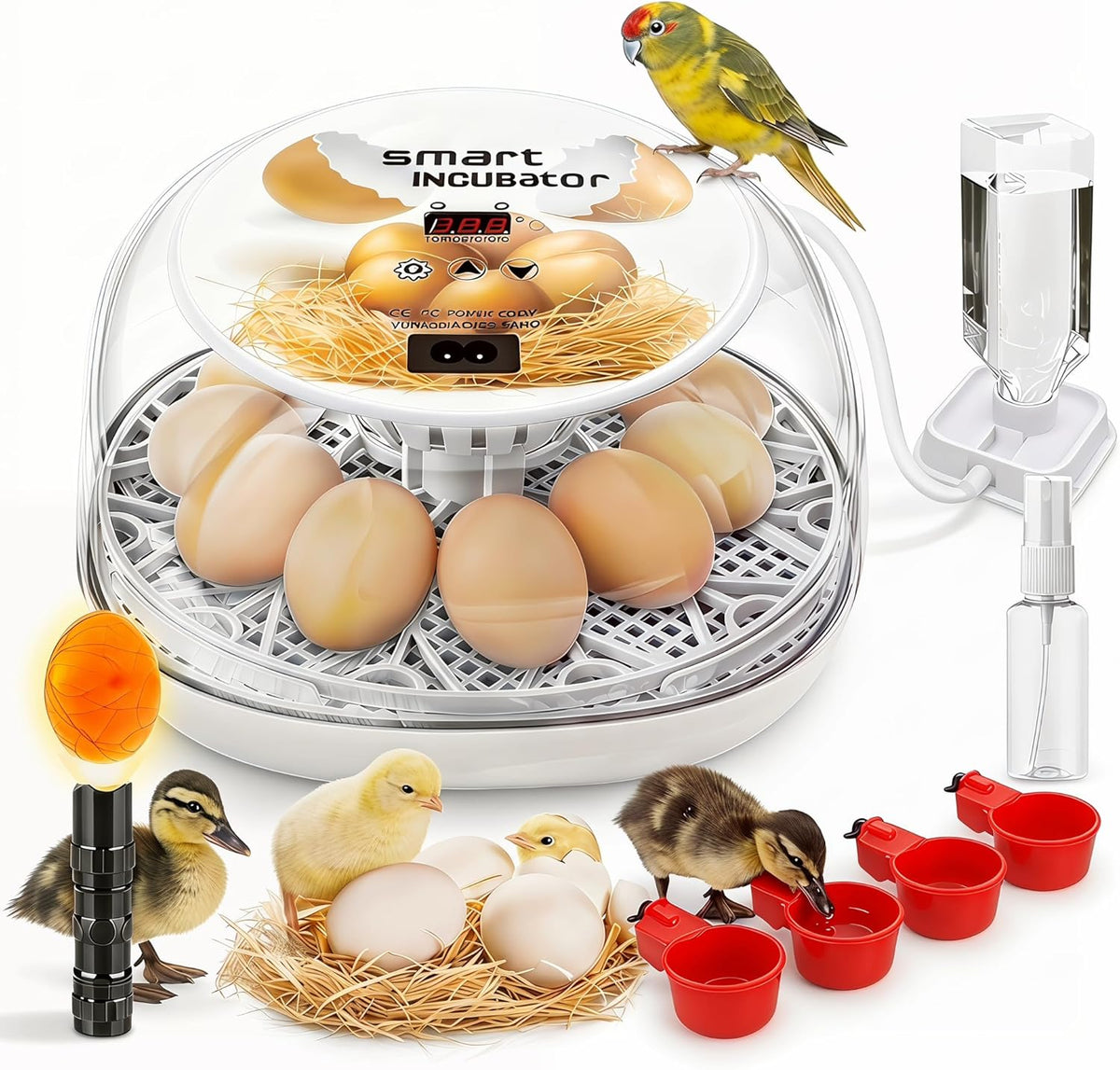 Incubators for Hatching Eggs, Chicken Waterer Cups, Automatic Egg Turner Holds 12 Eggs, Smart Incubator 360° Clear