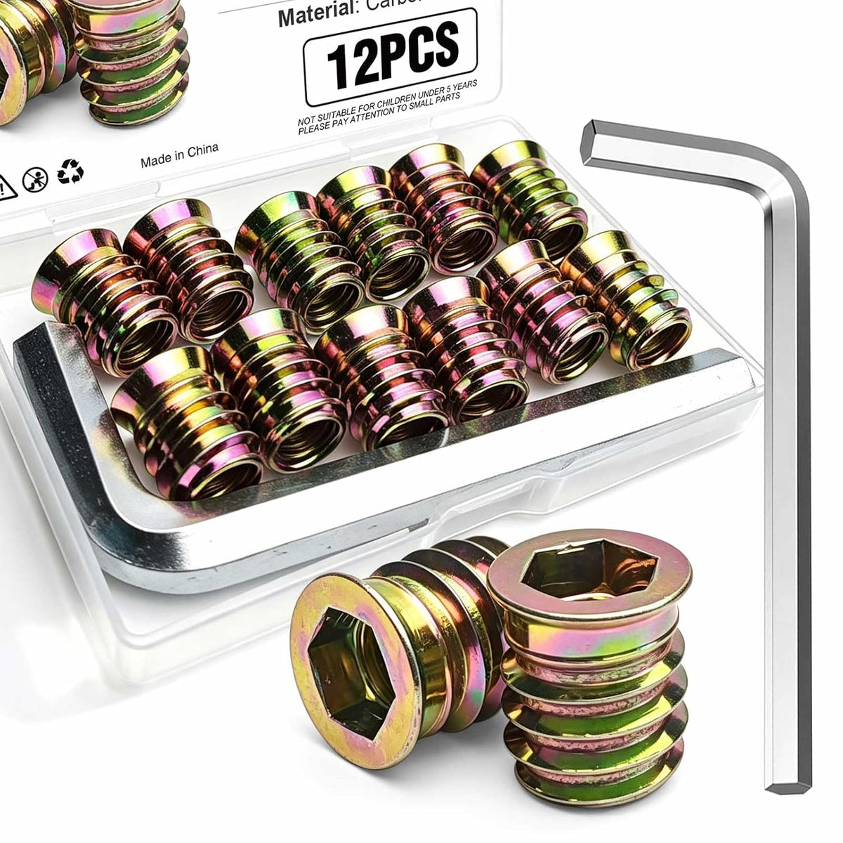12PCS 3/8"-16 x 20mm Threaded Inserts for Wood, Hex Drive Nuts