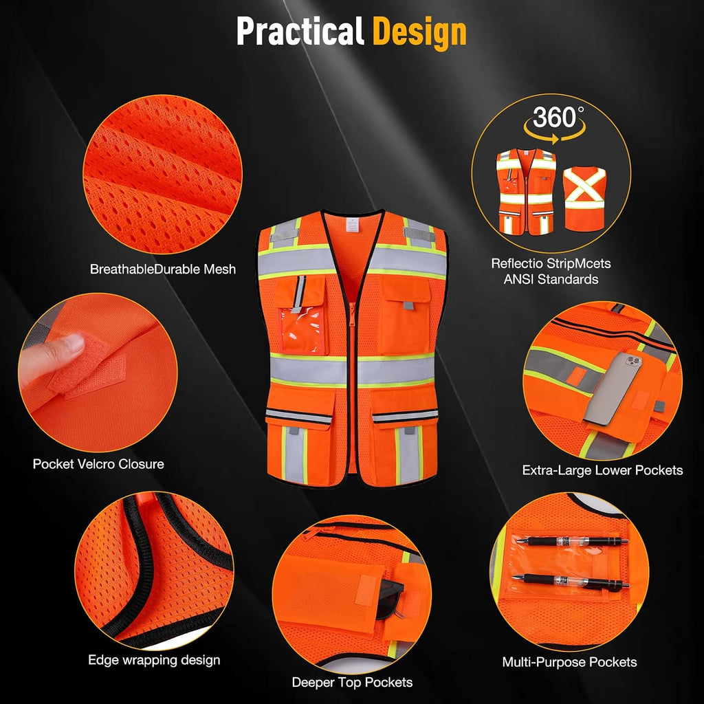 Class 2 Safety Vest with Zipper Front and multiple Pockets, High Visibility Vest, Meets ANSI/ISEA Standards