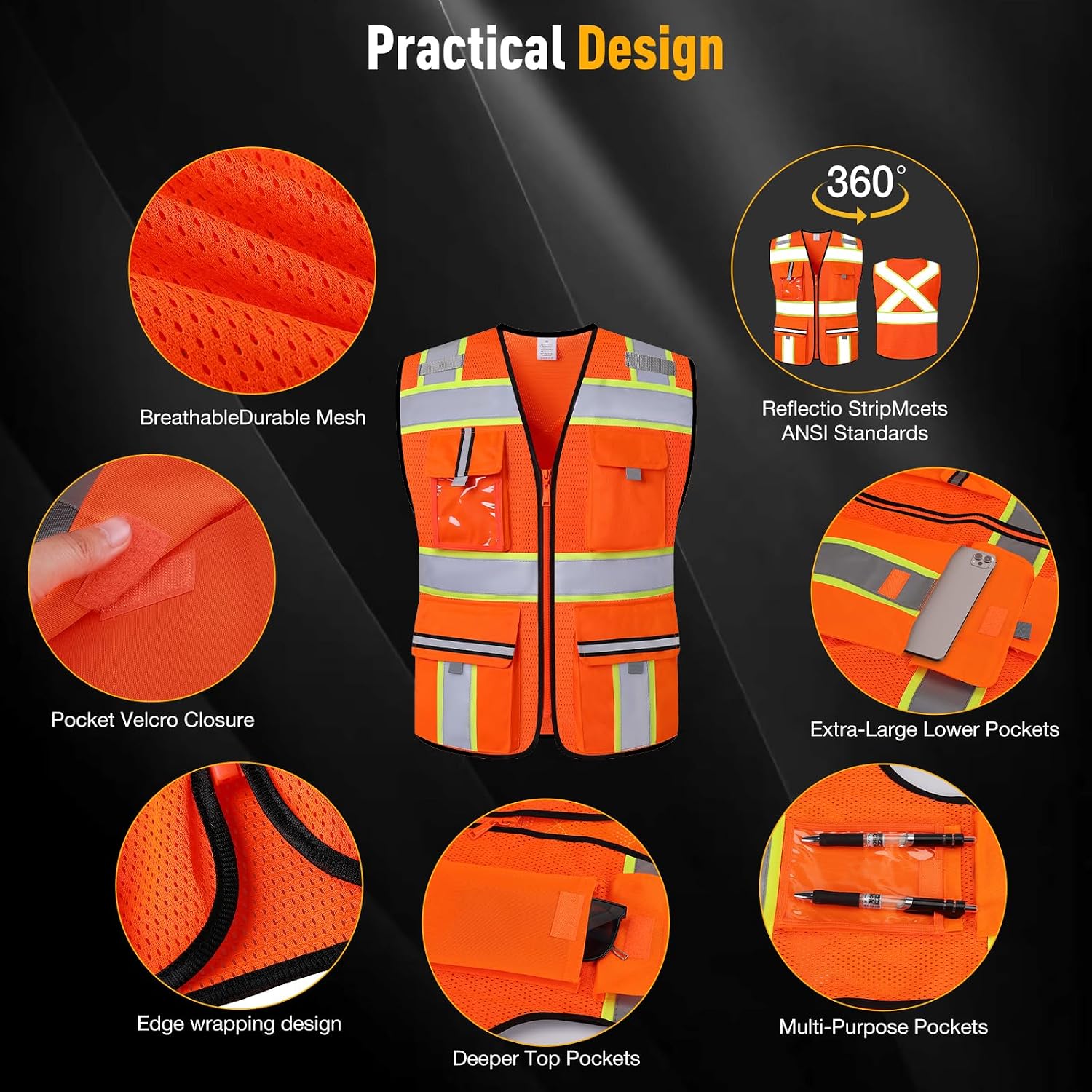 Class 2 Safety Vest with Zipper Front and multiple Pockets, High Visibility Vest, Meets ANSI/ISEA Standards