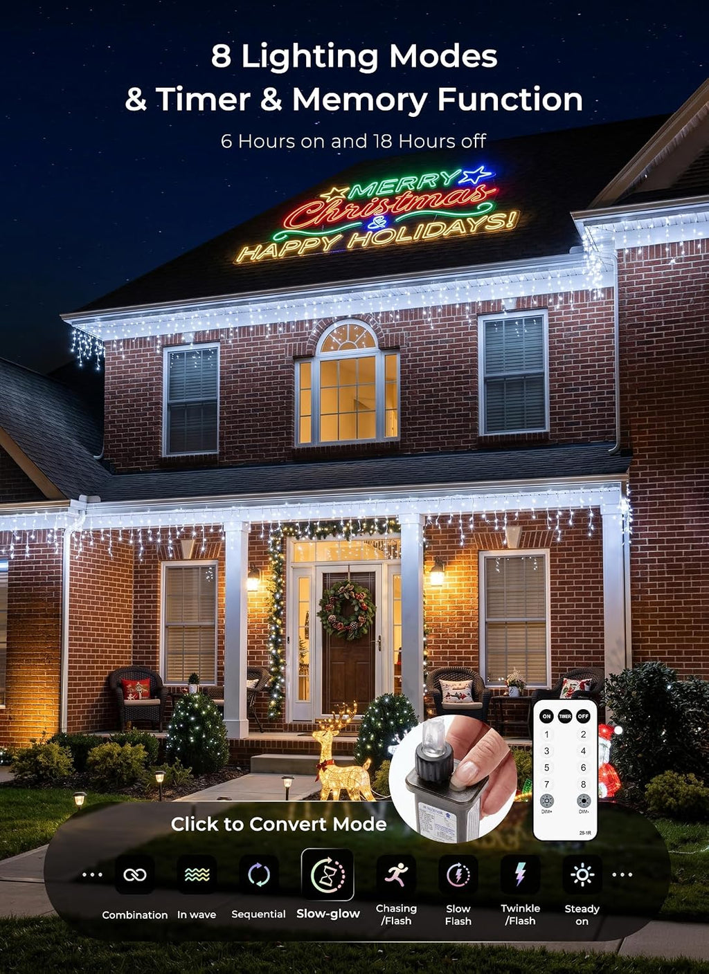 Icicle Christmas Lights Outdoor, 40Ft 432 LED Waterproof White Icicle Lights for Outside, 8 Lighting Modes