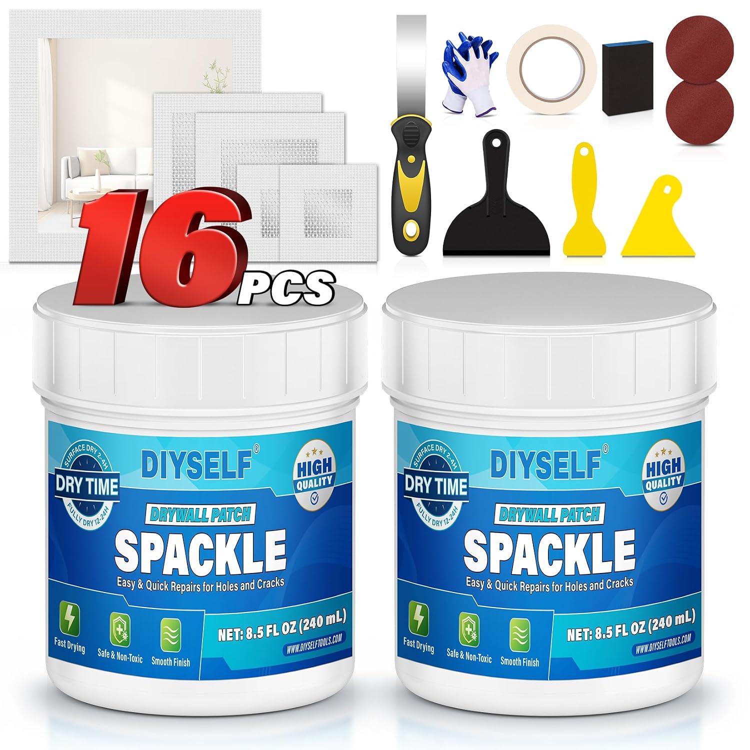 16-Piece Drywall Repair Kit, White Touch Up Paste with Mesh Patches | 2 Jars of Repair Putty, Self-Adhesive Mesh