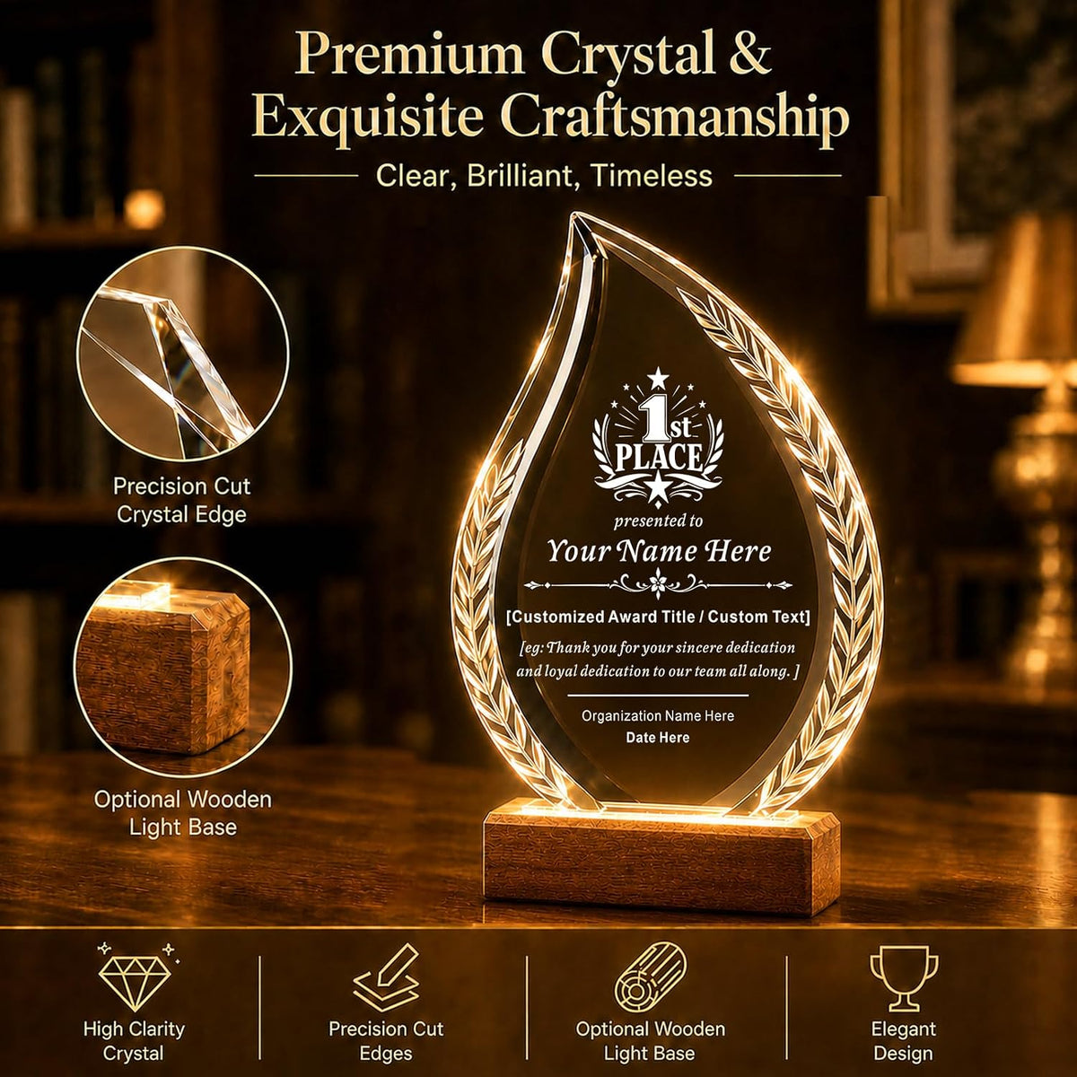 SHIP NEXT DAY, Custom Crystal Trophy Award, Engraved Plaque with LED Base