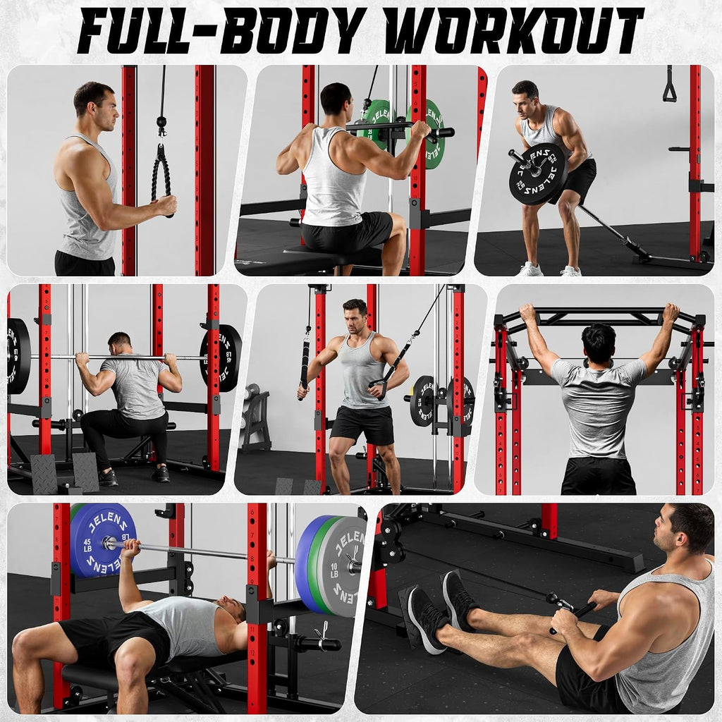 C12 Power Rack, 2000LBS Squat Rack with Cable Crossover System, Workout Cage with More Training Attachments for Home Gym
