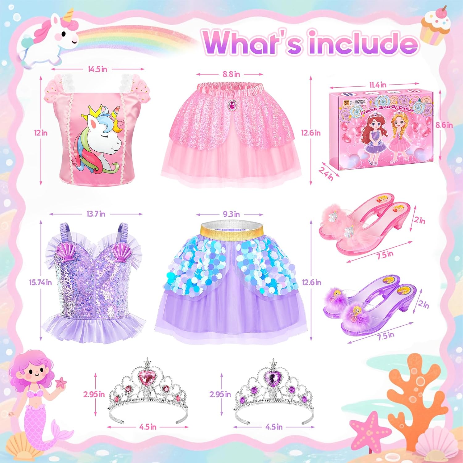 Princess Dress Up Clothes Princess Shoes, Mermaid Unicorn Dress Up Costumes | Pretend Play Dress Up Set for Little