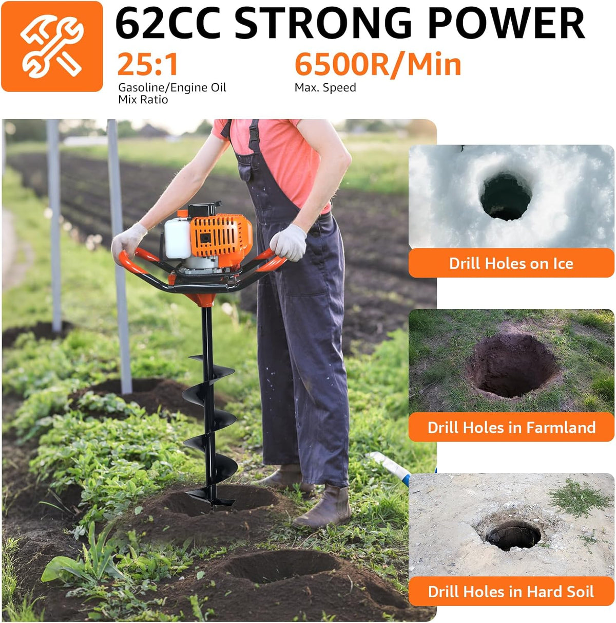 62CC 2-Stroke Gas Powered Post Hole Digger with 3" & 5" & 8" Auger Bits + 24“ & 24" & 24" Extension Rod, Heavy Duty