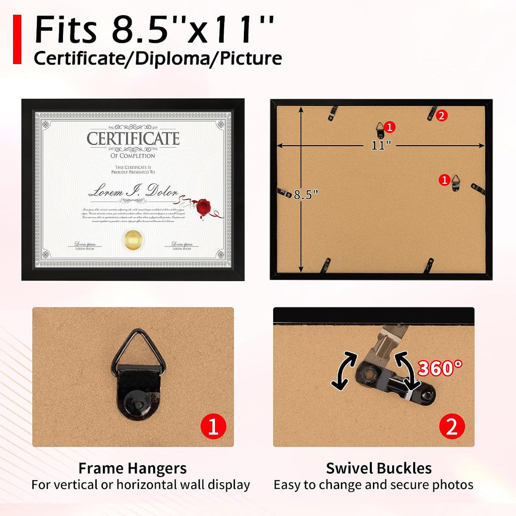 Diploma Frame, 8.5 by 11 Black Picture Frames, Certificate Frame with Clear Plexiglass, 8.5 x 11 Photo Graduation