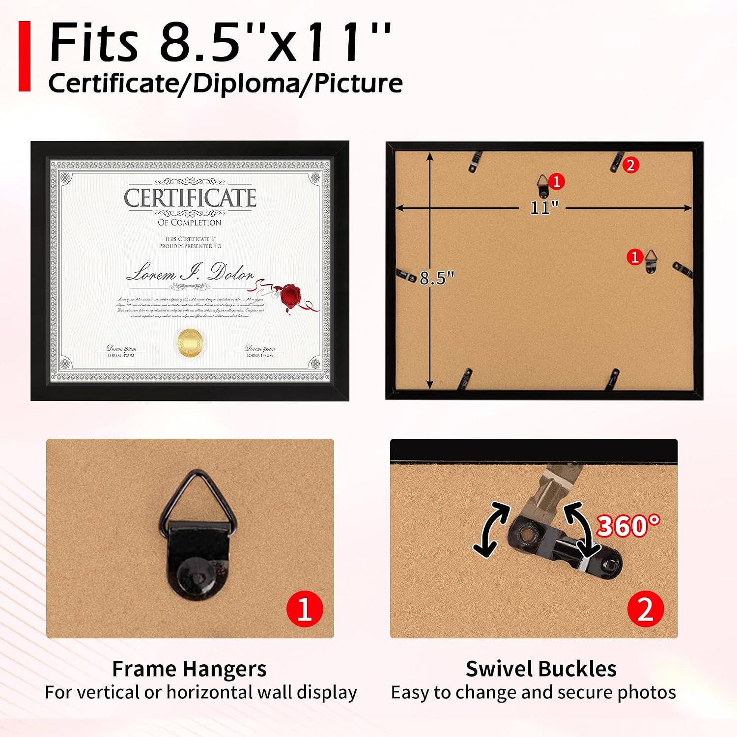 Diploma Frame, 8.5 by 11 Black Picture Frames, Certificate Frame with Clear Plexiglass, 8.5 x 11 Photo Graduation