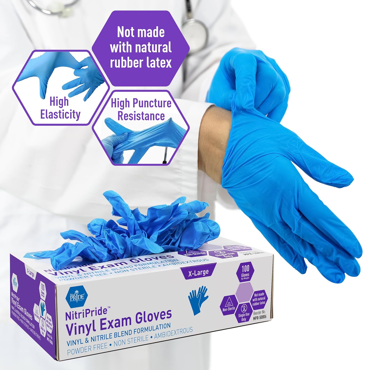 Nitrile/Vinyl Blend Exam Gloves,Powder-Free,Blue,X-Large,100-Ct