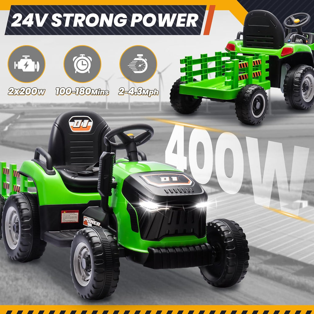 24V 7Ah Ride On Tractor w/Tiltable & Detachable Trailer, MOEYURO Kids Electric Vehicles Tractor w/400W Motors