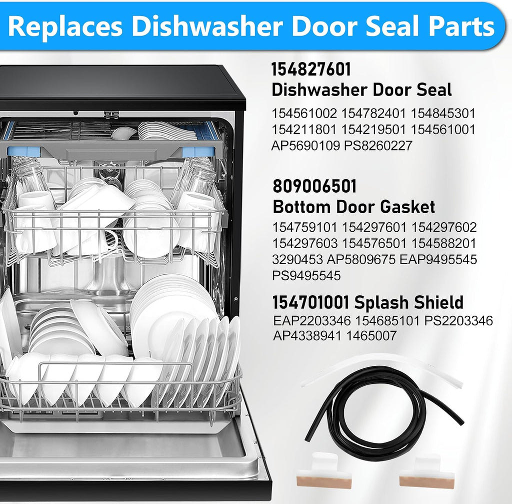 154827601 Dishwasher Door Seal Kit for Frigidaire Gallery Kenmore Dishwasher ffbd2411ns0a fgid2466qf4a fghd2465nf1 - Door Gasket Seal with 809006501 Bottom Gasket 154701001 Splash Shield - By Vypart