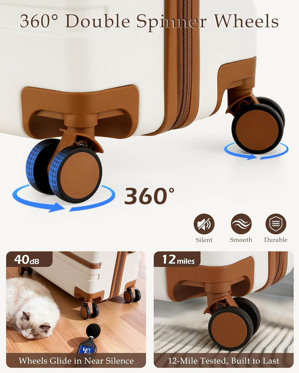 Luggage Sets 5 Piece, Suitcases With Wheels, PC+ABS Hardshell Luggage Set with Spinner Wheels, TSA Lock (White Brown)