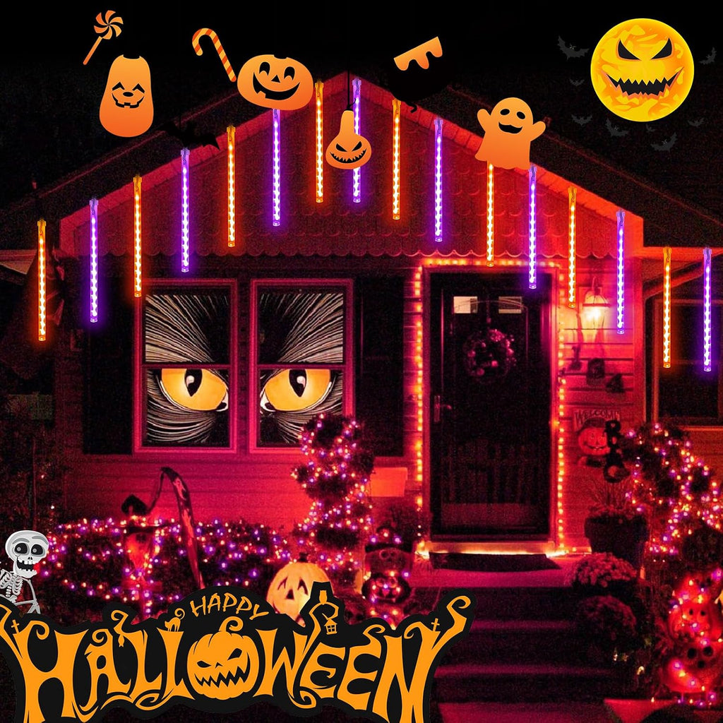 Halloween Lights Outdoor 2 Pack 16 Tube Meteor Shower Lights Orange Purple | Total 384LED, Extendable, Plug in