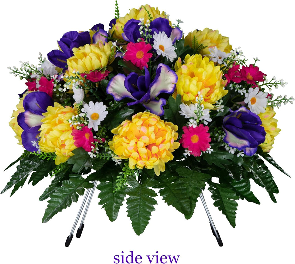 30" Spring Headstone Flowers Saddle - Purple Iris, Yellow Mum, Daisies - Grave Flowers - Mother's Day Spring Flowers