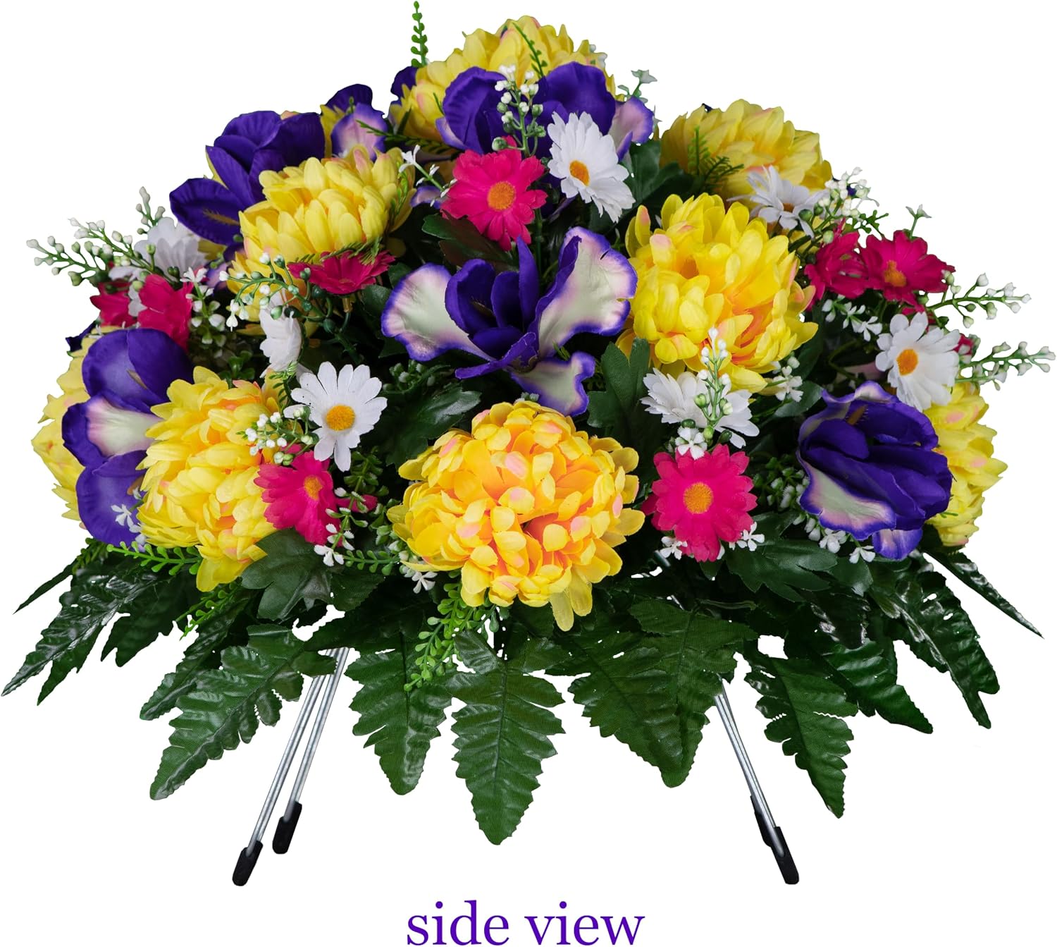 30" Spring Headstone Flowers Saddle - Purple Iris, Yellow Mum, Daisies - Grave Flowers - Mother's Day Spring Flowers