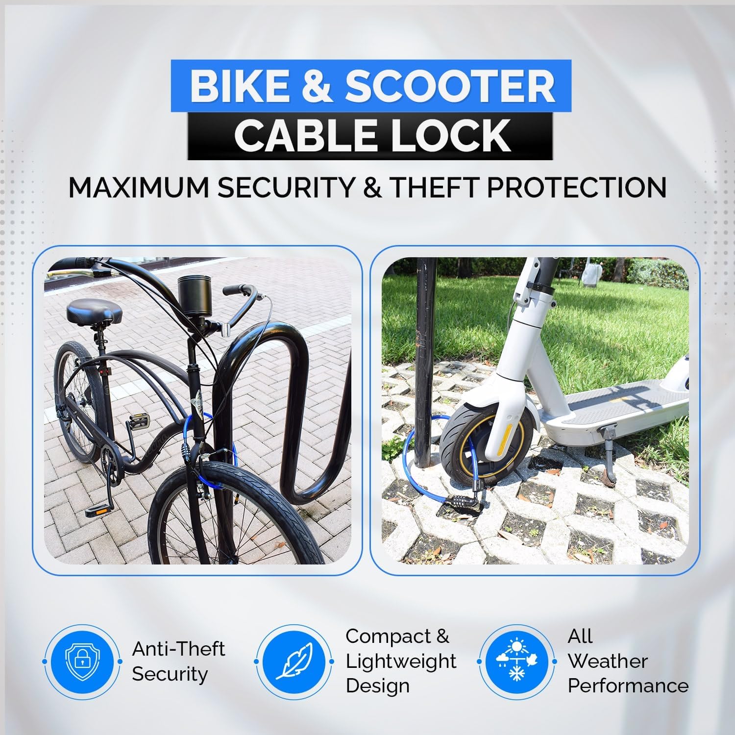 Anti-Theft Security Cable Lock, Blue, 2ft, Combination Lock, Weather Resistant, Portable | Weatherproof, Vinyl