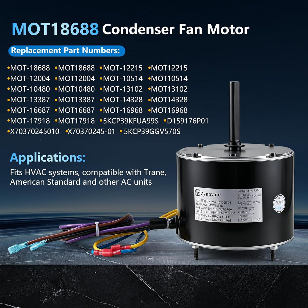 MOT18688 Condenser Fan Motor 1/8 HP 825 RPM 208-230V 48 Frame AC Fan Motor