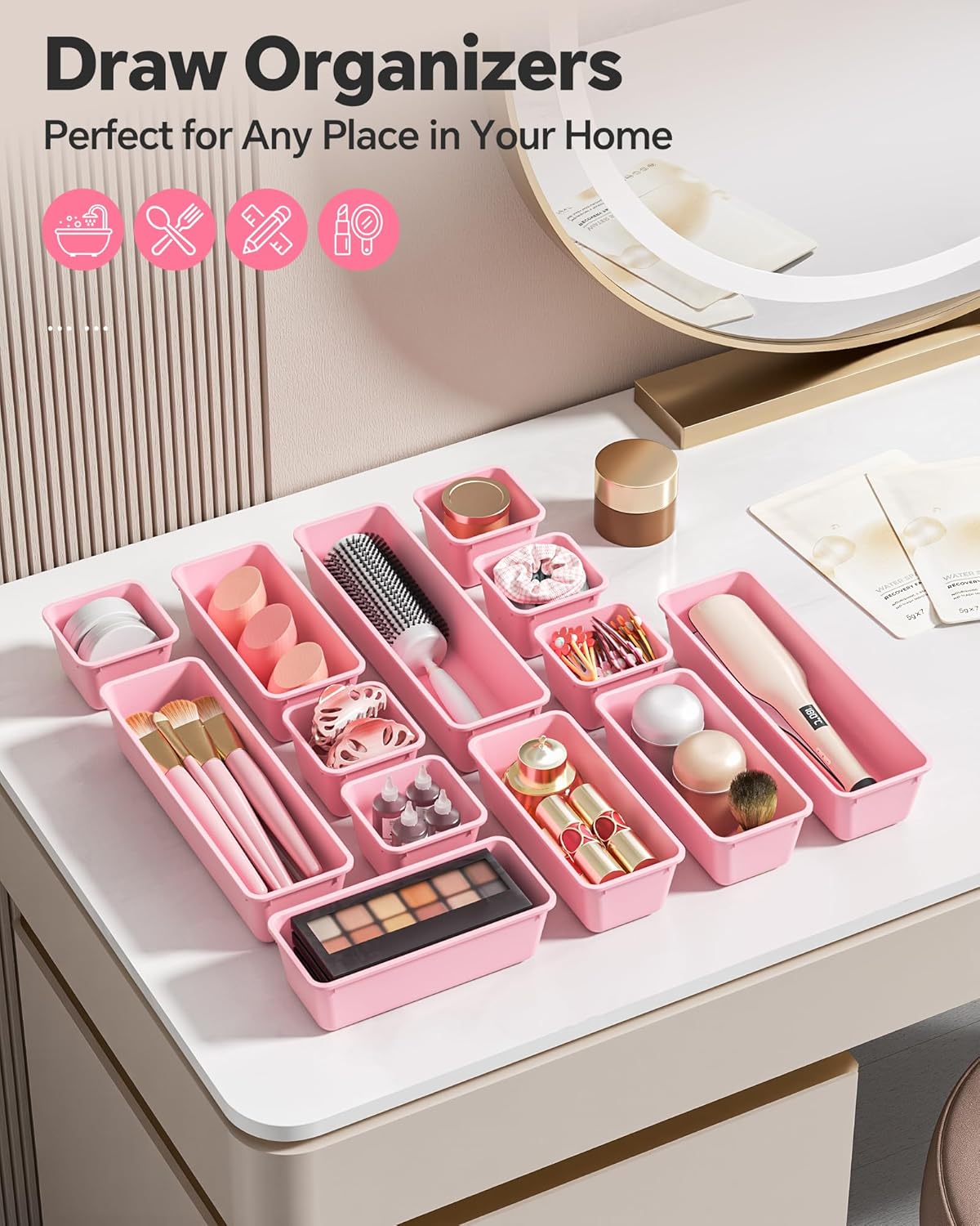 13 Pack Plastic Drawer Organizers Set, 3 Sizes Desk Drawer Organizer Trays for Vanity and Makeup Organizer