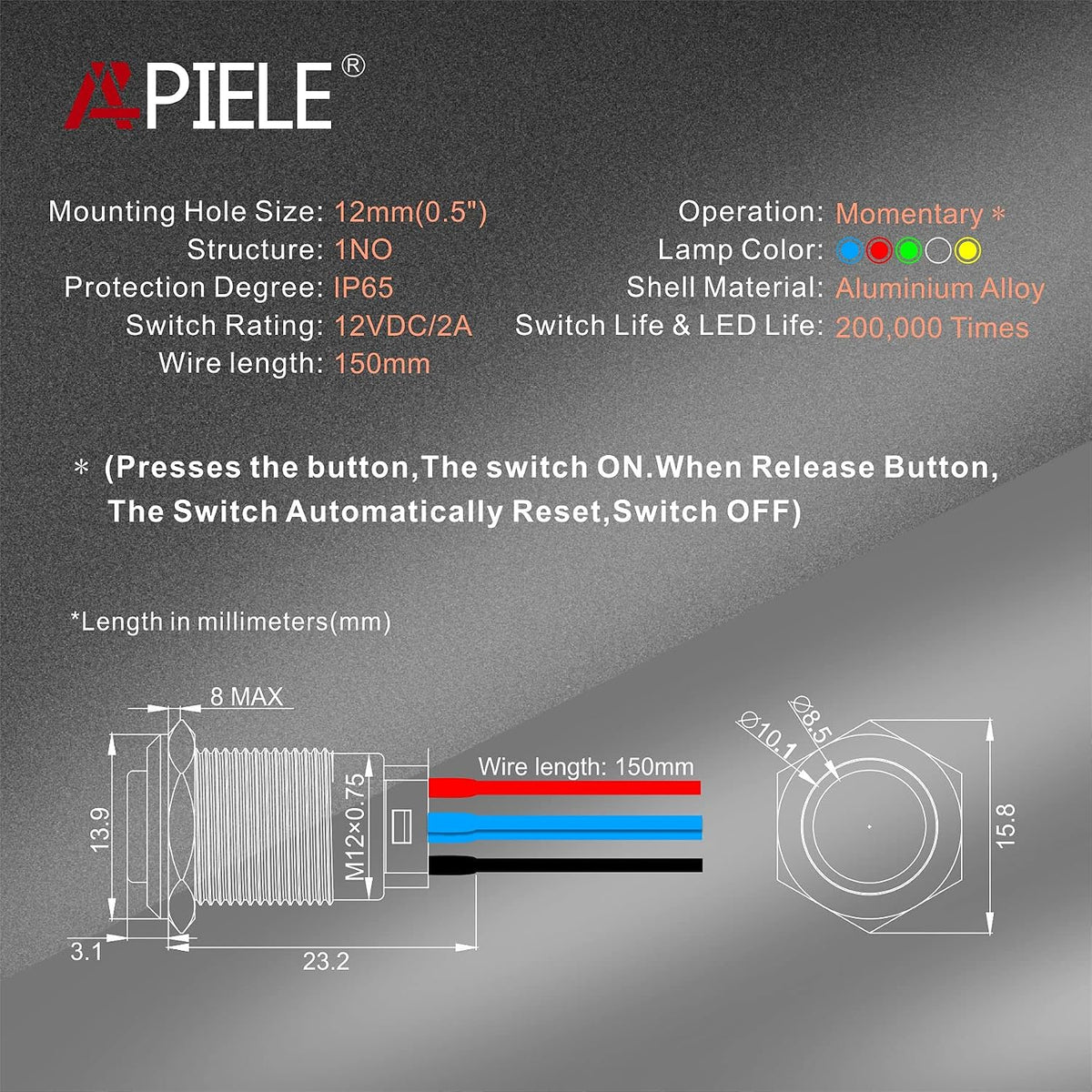 APIELE 12mm Momentary Push Button Switch Pre-Wired 150mm High Round Head (Black Aluminum, Red)