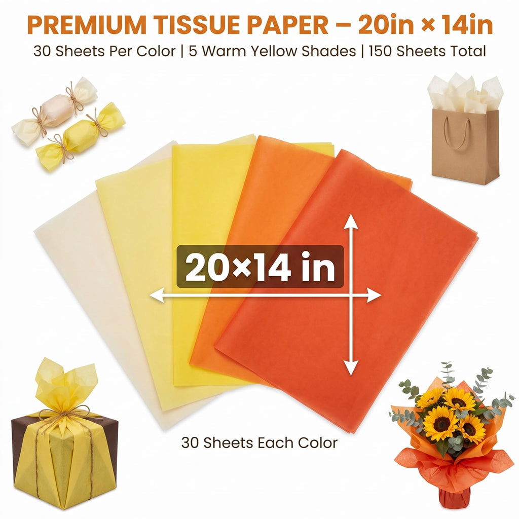 Assorted Yellow Tissue Paper 14x20in 150 Sheets Bulk Wrap in 5 Colors
