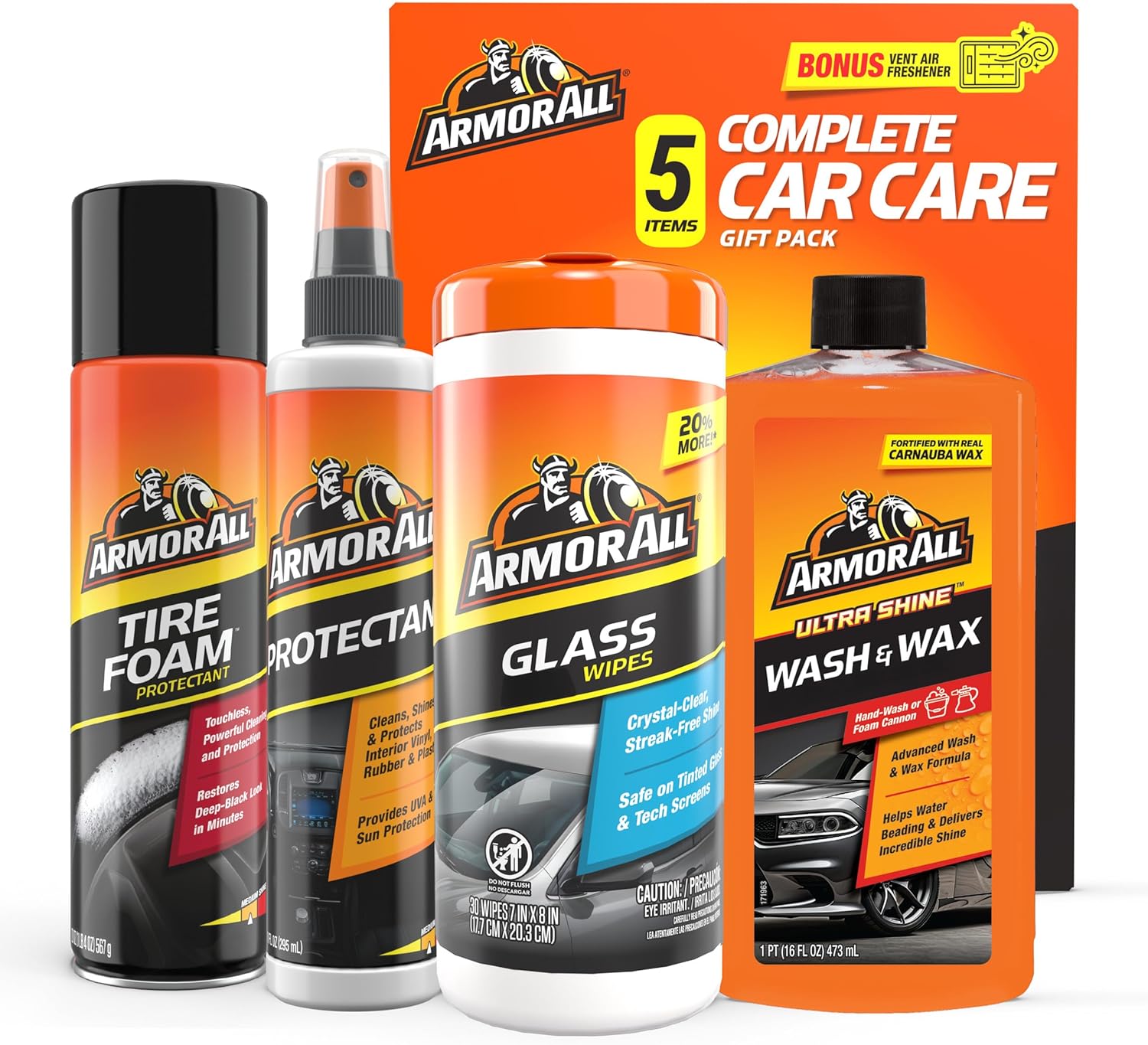 Car Wash and Car Cleaner Kit by Armor All, Includes Glass Wipes, Car Wash & Wax Concentrate, Protectant Spray and
