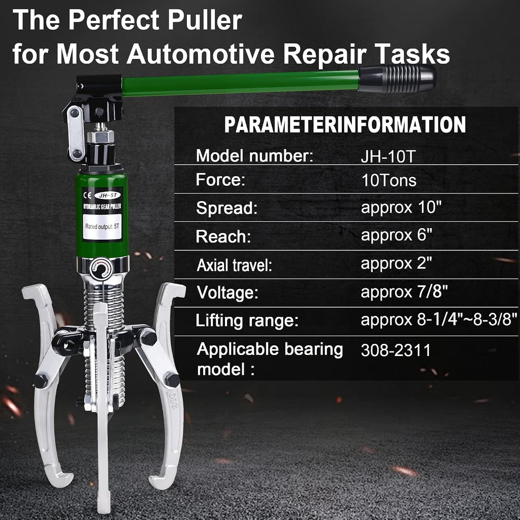 10-Ton Hydraulic Gear Puller with 2 & 3 Jaw 10" Reach