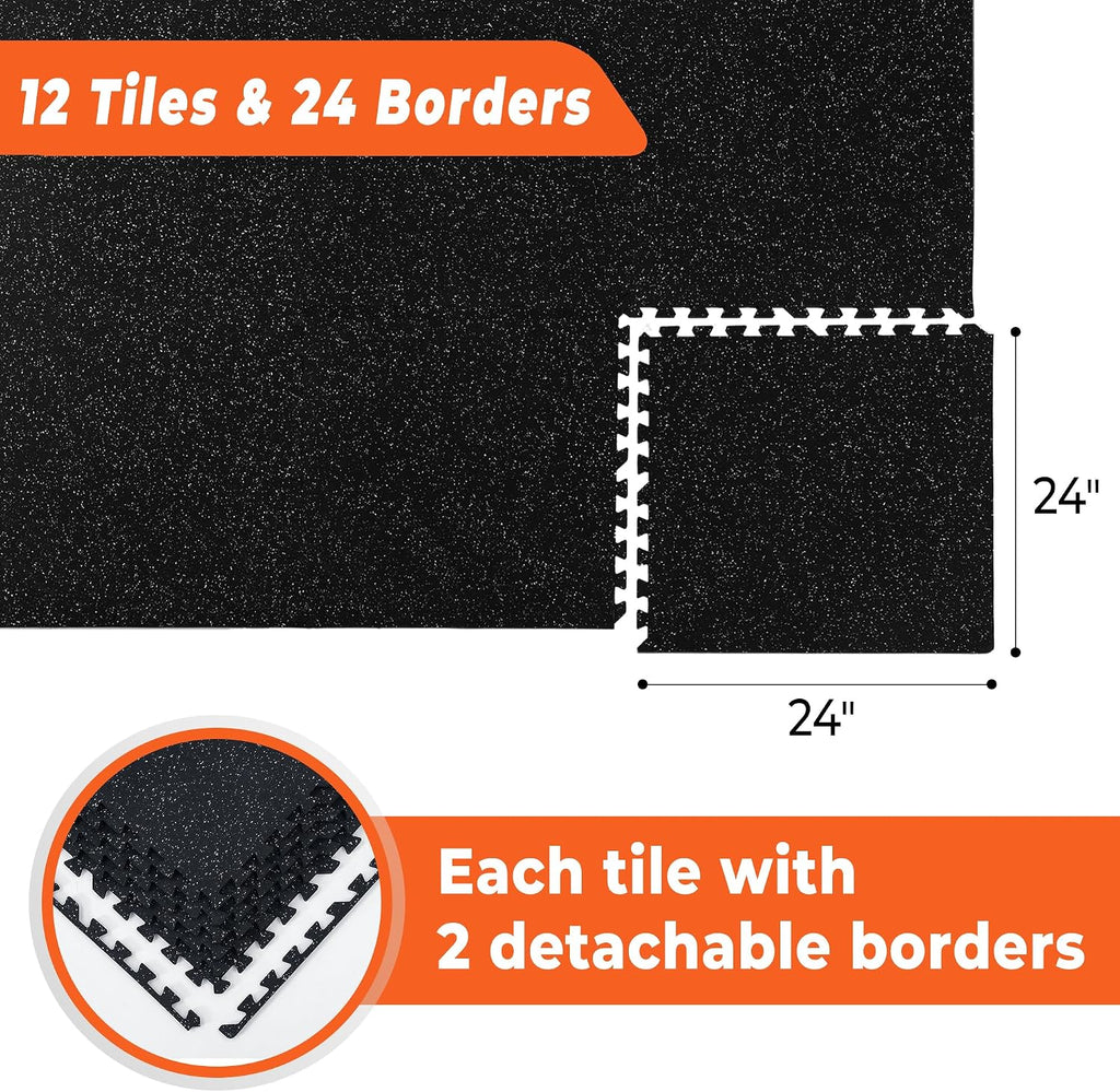 0.4'' Thick 12 Pcs 48 Sq Ft Rubber Top Exercise Equipment Mats, High Density EVA Foam Mats with Rubber Top