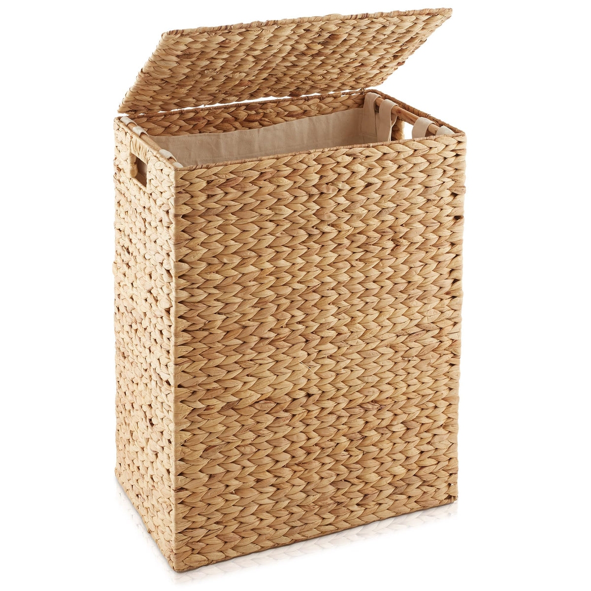 Large Laundry Hamper with Lid and Removable Liner Bag - Natural, Woven Water Hyacinth Rectangular Laundry Basket