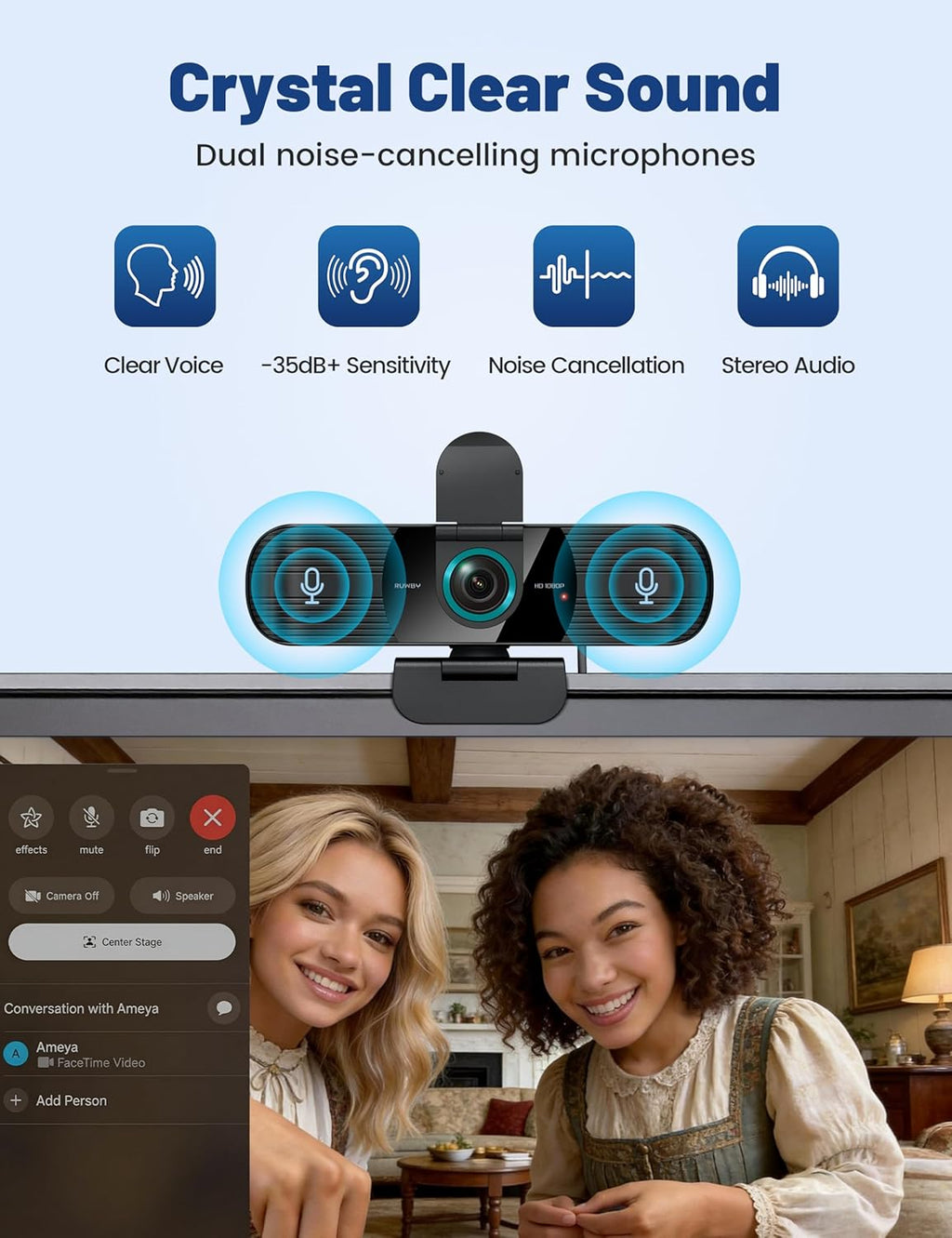 Pro HD 1080p/30fps Webcam with Dual Microphones, External USB Web Camera