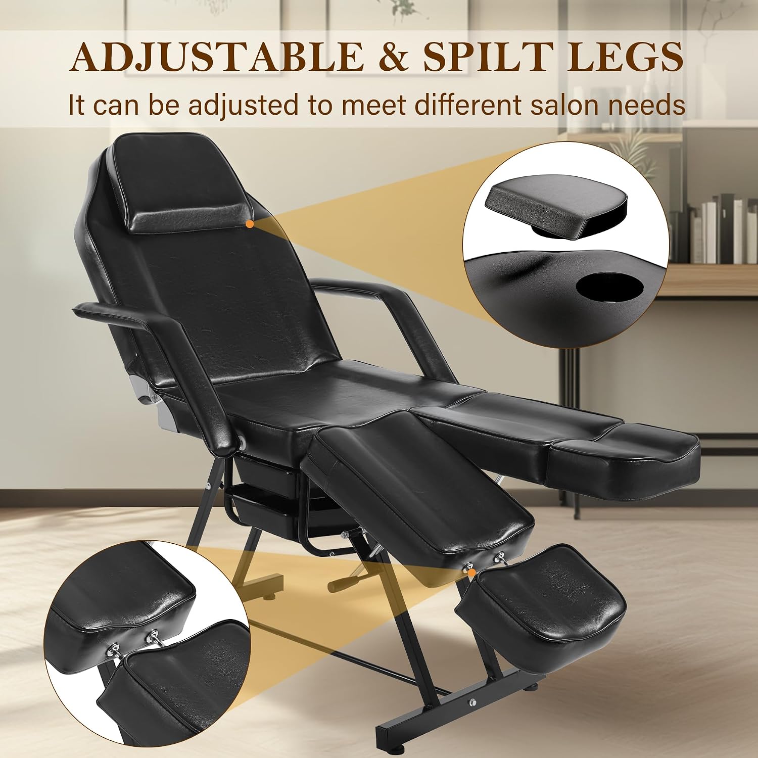 Tattoo Chair for Client, Facial Bed Esthetician Massage Headrest Table with Rolling Stool, Split Legs Design