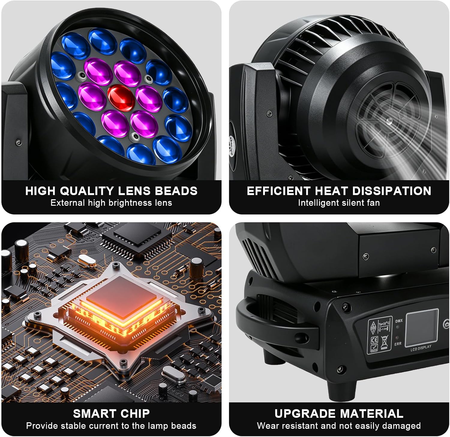 19x15W Moving Head DJ Light, RGBW Zoom LED Stage Lights | Beam/Wash/Zoom Stage Effects, Sound Active & DMX512