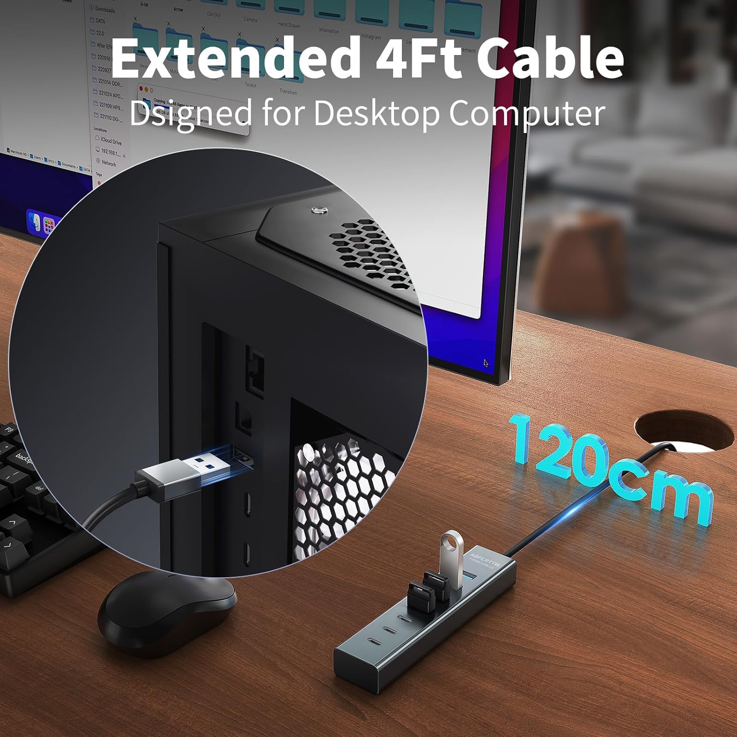 4Ft 7-Port USB Hub 3.0 for Desktop, 4 USB-A & 3 USB-C Ports Aluminium 5Gbps USB Extender Hub, USB Splitter, USB Hub