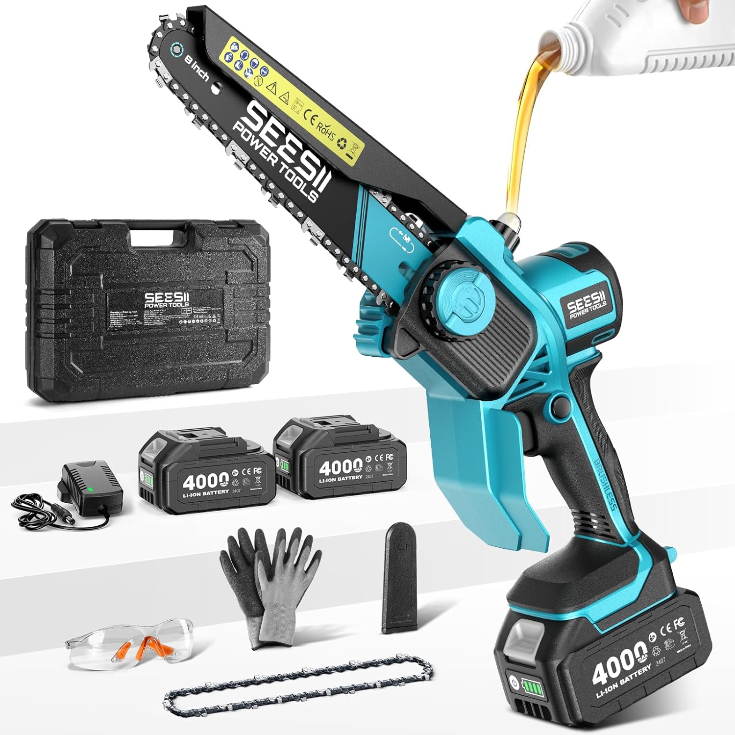 Flagship 8-Inch Cordless Mini Chainsaw, Upgraded Brushless Motor | Electric Chainsaw with 2×4000mAh Batteries