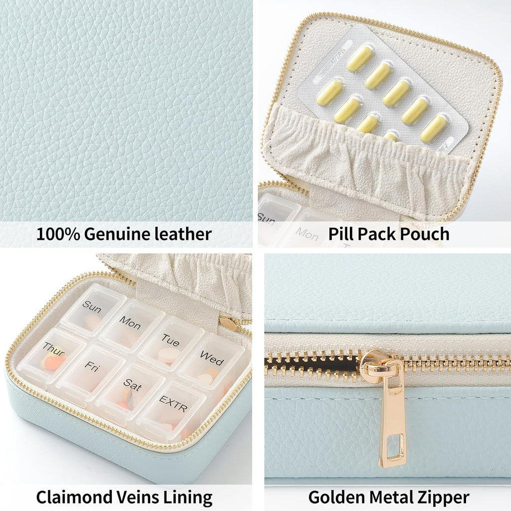Genuine Leather Travel Pill Organizer Box Case 1 Times a Day for Purse for Women, Cute Medicine Pill Holder