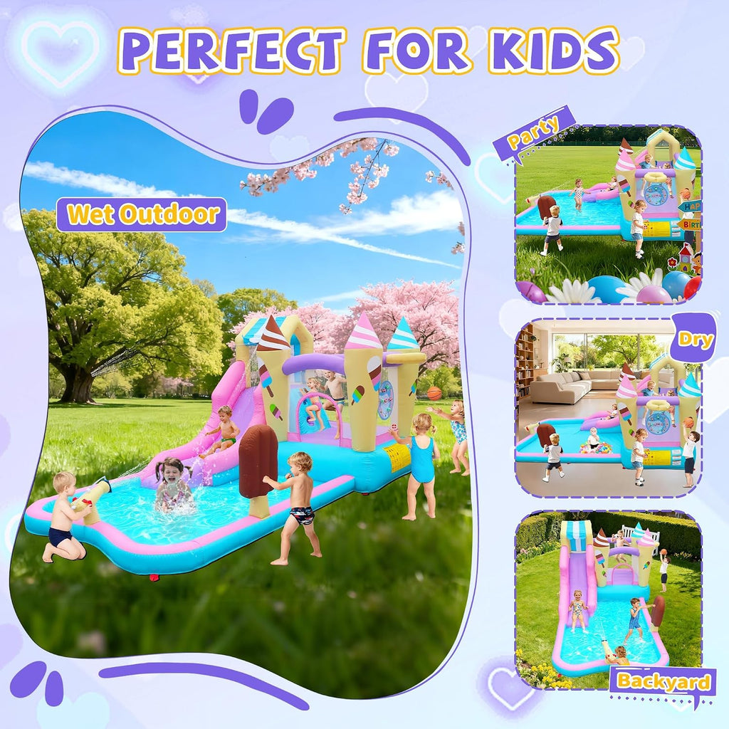 Inflatable Water Slide Bounce House, 8-in-1 Water Park with Water Cannon, Climbing Wall, Basketball Hoop & Splash